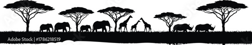 African savanna silhouette, wildlife animals vector, elephants giraffes rhinos illustration, acacia tree landscape, safari nature art, black and white design, ecosystem graphic