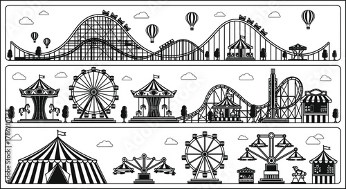 Amusement park, carnival rides, Ferris wheel, roller coaster, circus tent, carousel, swing ride, hot air 