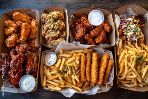Delicious Spread of Crispy Wings, Fries, and Appetizers on a Dark Table Details matter.