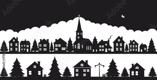 Black and white village illustration, festive holiday scene, church steeple silhouette, pine trees, decorative houses, winter landscape, Christmas gifts, seasonal artwork