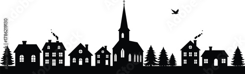 Black and white village silhouette, church steeple with cross, houses with chimneys, evergreen trees, flying bird, peaceful countryside winter illustration