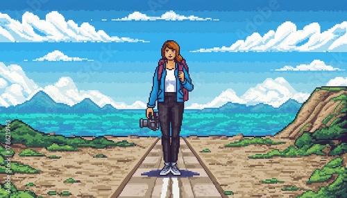 Illustration of woman traveling on road with camera, pixel art style.