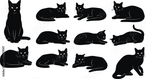 Black cat silhouettes, sitting, standing, stretching, crouching, lying down, feline poses, domestic cats, vector illustration, animal design, pet artwork