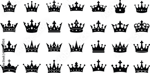 Black crown silhouettes collection, royal crown icons, monarchy symbols, heraldic crown set, luxury design elements, vector crowns, royalty illustration, decorative