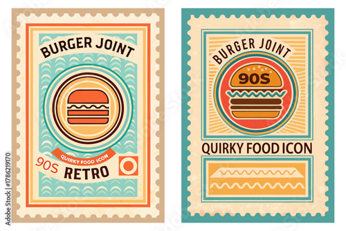 Retro 90s burger shop stamp, quirky cartoon food icon, faded edges