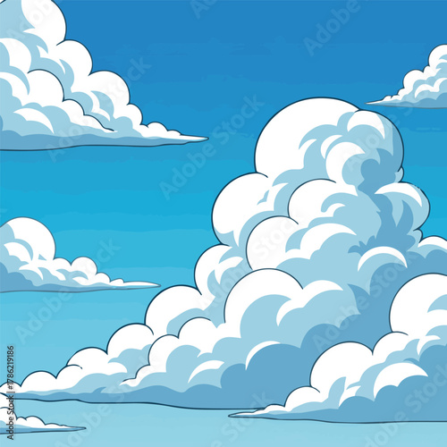 Create Cartoon clouds. White cumulus clouds on blue sky, soft and peaceful cloudscape elements. Fluffy cloud shapes, fantasy cumulus for sky landscape. Sunny day nature and weather vector comic set.