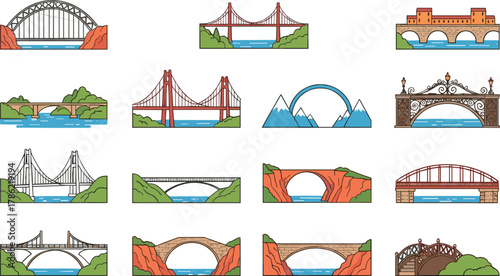 Bridge illustration collection, suspension bridge, arch bridge, stone bridge, historical bridge, vector design, architecture, landscape, river, mountain, water, greenery, engineering, construction,