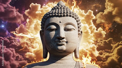 Stone buddha statue against a backdrop of dramatic clouds and cosmic elements