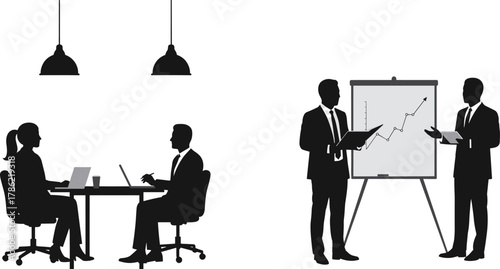 Business meeting silhouette illustration, teamwork collaboration vector, office presentation graphic, corporate discussion art, financial analysis chart, 