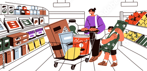 Shopping in supermarket, grocery store. Woman and child with goods in cart, trolley, buying food products on sale in hypermarket. Mother and kid consumers with purchases. Flat vector illustration.