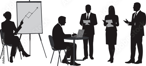 Business meeting silhouettes, corporate teamwork vector, office presentation illustration, professional discussion design, strategy planning artwork, data analysis concept, workplace