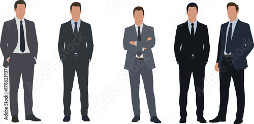 Business men in formal suits, corporate professionals standing together, modern office attire, teamwork concept, leadership illustration, vector art, professional clothing