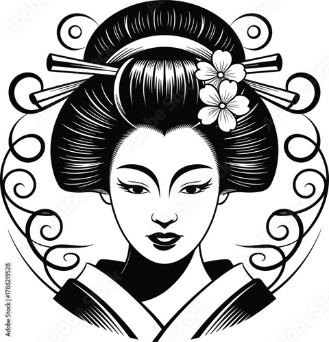 Japanese geisha portrait illustration, traditional Asian woman art, kimono beauty design, cultural vector artwork, elegant black and white tattoo style