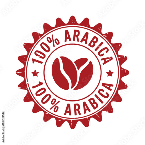 Red circular stamp with 100 arabica coffee beans in the center