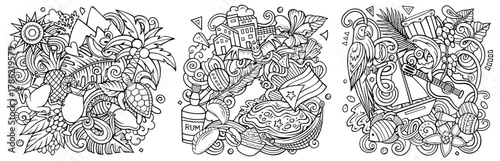 Puerto Rico cartoon vector doodle designs set. Sketchy detailed compositions with lot of tropical island objects and symbols.