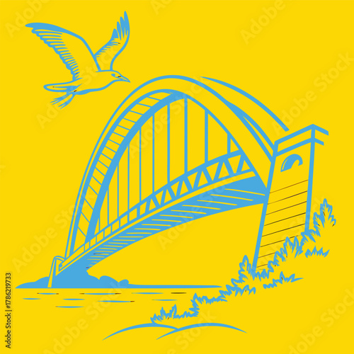Abstract bridge logo created from three curved parallel lines forming a smooth horizon arc, representing connection and strength, minimal grey and blue vector aesthetic.