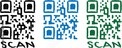 Three qr codes in black, blue, and green with the word scan below