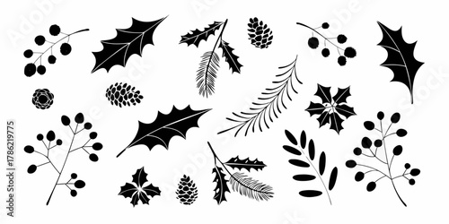 Collection of black silhouette christmas and winter botanical elements including holly pine cones and pine branches
