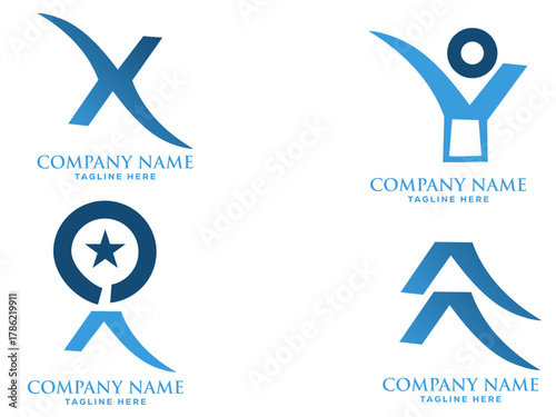 Four abstract logo design templates:A collection of sleek, modern logo templates, each with its own unique design element, including an abstract X, a stylized person, a star within a circular frame.