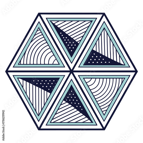 Modern hexagon logo split into six micro triangles with subtle rotation, creating depth and motion illusion, futuristic geometric branding vector in navy and cyan.