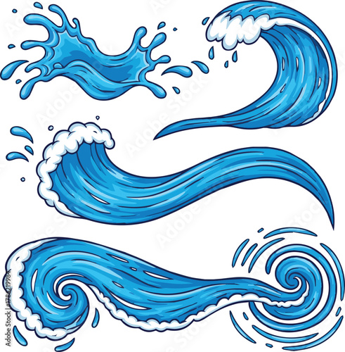 Create Water splashes. Cartoon blue water splash and sea wave forms with drops, ocean swirls, tidal liquid flows with foam and ripple. Game and summer pool design. Isolated vector marine elements.