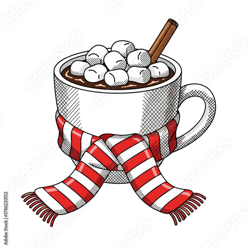 Whimsical hot cocoa mug with marshmallows and a scarf for Holiday Decorations  