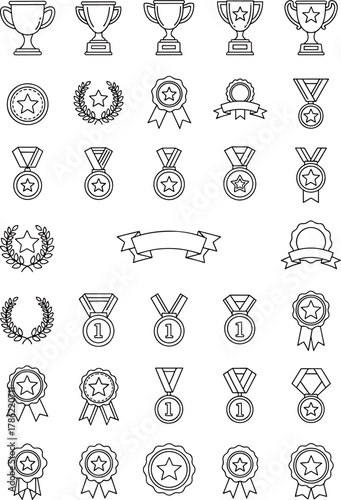 Collection of Award Trophies Ribbons Medals Laurel Wreaths and Stars for Achievement and Victory Celebration