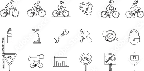 Collection of Bicycle Icons and Symbols for Cycling Activities and Road Signs
