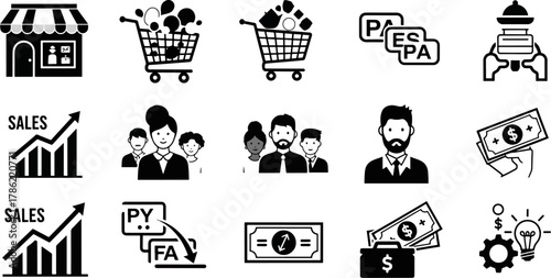 Collection of black and white business icons representing sales growth, teamwork, shopping carts, and financial transactions
