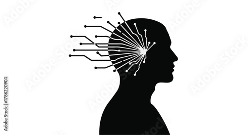 Silhouette of a human head with digital circuits emanating from the brain, symbolizing artificial intelligence and connectivity.