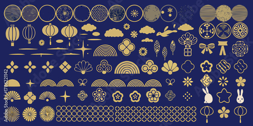 Collection of traditional japanese golden motifs and symbols on a dark blue background