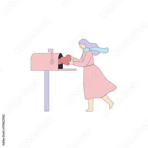 Woman in pink dress and blue scarf places red heart in pastel pink mailbox flat design illustration with minimalist composition and soft lighting