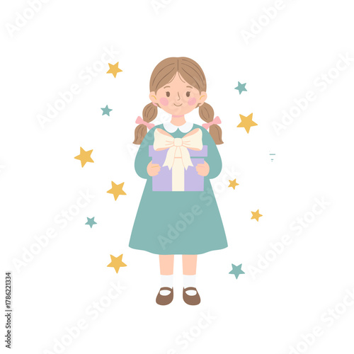 Young girl in a teal dress holding a pastel purple gift box tied with a cream ribbon surrounded by yellow and cyan stars on a black background vector art celebration theme