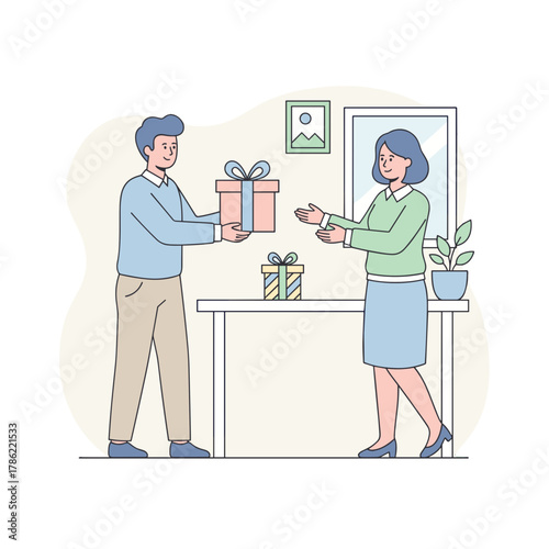Two Young People Exchanging Gifts Indoors with a Soft Color Palette Minimalist Vector Illustration Featuring a Desk and a Plant