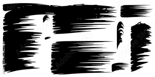 Abstract Black Paint Brush Strokes Set, Grunge Ink Texture Elements for Design, Artistic Hand Drawn Splatter and Smears Collection on White Background, Vector Illustration