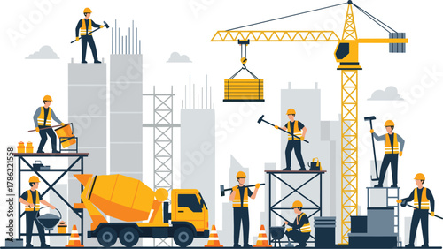 Construction Workers Building Site with Crane Vector Illustration