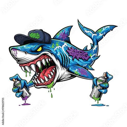 Edgy graffiti shark with spray cans unleashes vibrant urban art energy, a wild design for bold statements and creative projects