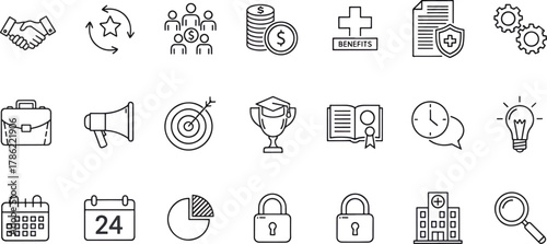 Collection of business and finance icons in a modern line art style, representing concepts like teamwork, success, and growth
