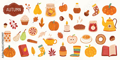 Cozy autumn collection of fall harvest foods warm drinks and seasonal decorations