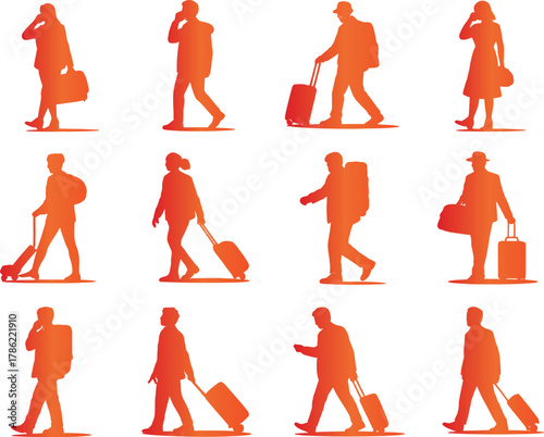 Orange silhouettes of travelers with luggage on white background suitcase