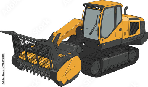 Yellow Tracked Forestry Mulcher Machine Vector Illustration