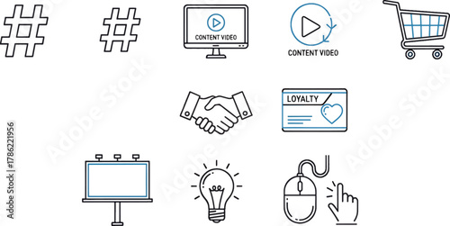 Collection of Business Icons Featuring Hashtags, Content Video, Shopping Cart, Handshake, Loyalty Card, Billboard, Lightbulb and Mouse Cursor