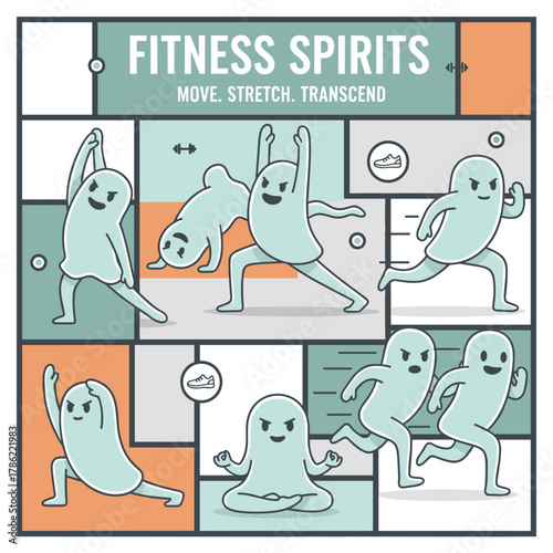 Whimsical Flat Vector Ghosts Engaging in Various Fitness Poses With Soft Lighting and Playful Expressions Against A Geometric Background Featuring Lanterns And Fireflies