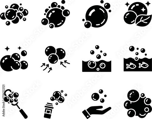 Collection of cleaning soap bubbles icons, representing hygiene and freshness, with sparkling effects and natural elements
