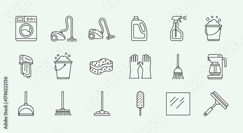 Collection of cleaning supplies icons a washing machine vacuum cleaner bucket spray bottle mop and duster