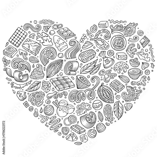 Sketchy vector set of Chocolate cartoon doodle objects, symbols and items. Heart form composition