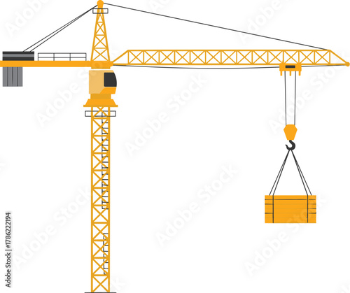 Yellow Tower Crane Lifting Container Vector Illustration
