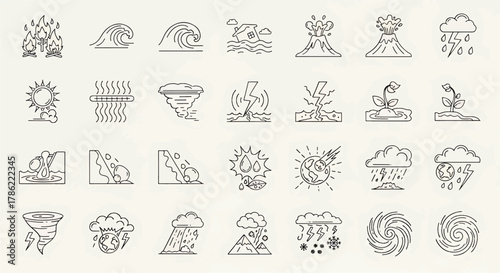 Collection of disaster and natural event icons, representing wildfires, floods, volcanoes, tornadoes, earthquakes, meteor impacts, and extreme weather conditions.