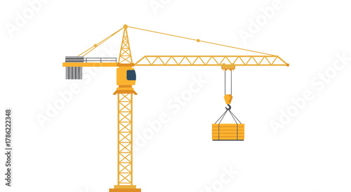 Yellow Tower Crane Lifting Load Vector Illustration