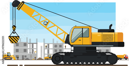 Yellow Crawler Crane at Building Construction Site Vector